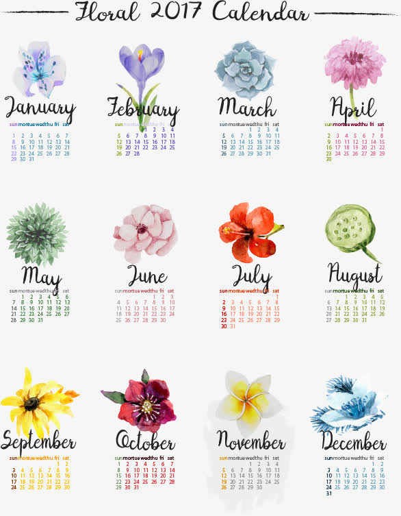 浪漫花朵新年日历免抠