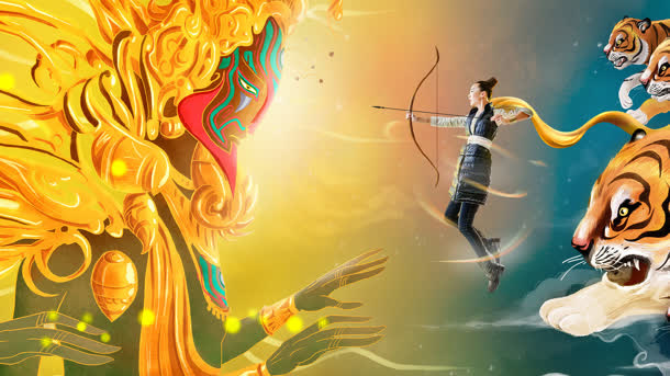 美女射日中国风宽屏免抠