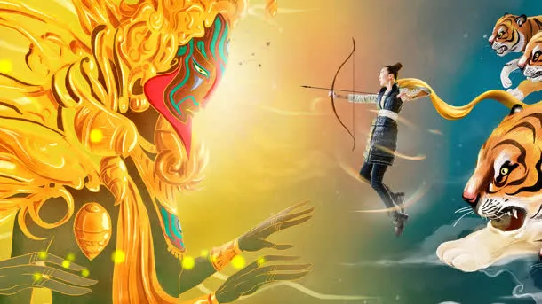 美女射日中国风宽屏免抠