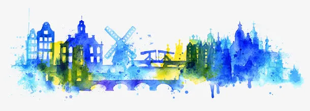 水彩水墨城市剪影免抠