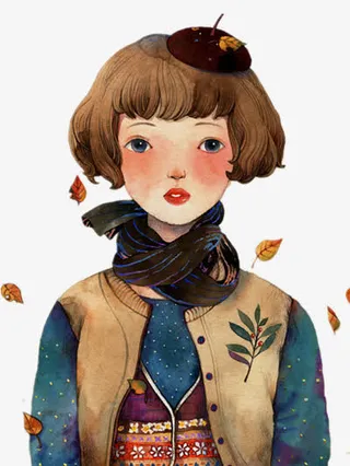 手绘森系短发女孩免抠