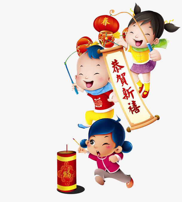 卡通小孩放鞭炮免抠