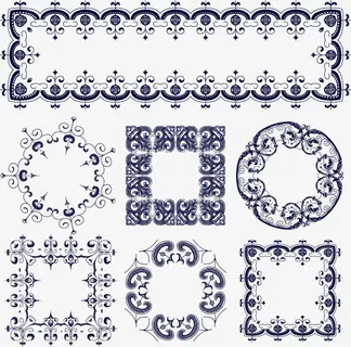 蓝色复古花边免抠