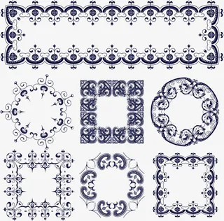 蓝色复古花边免抠