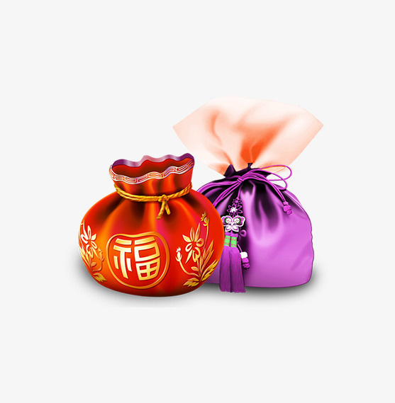 中国风红色紫色花纹福袋免抠
