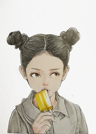 手绘清新吃冰棍丸子头少女免抠