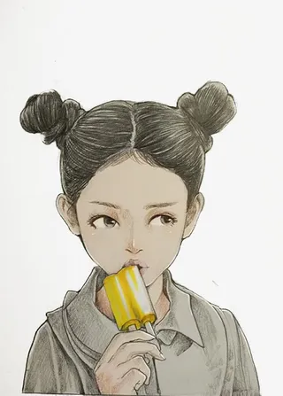手绘清新吃冰棍丸子头少女免抠