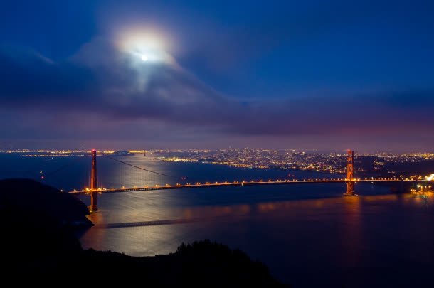 蓝色夜景月亮海面跨海大桥高清摄影免抠