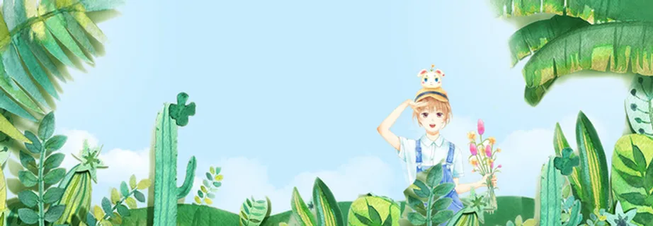 春天文艺小清新绿植蓝banner高清