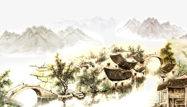 手绘中国风小桥流水素材背景