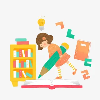 拿着铅笔写字的女孩卡通图免抠