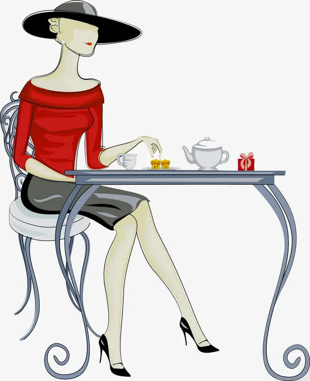 喝下午茶的女人卡通光棍节免抠
