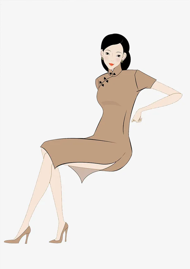 手绘人物插图穿短款旗袍的美女免抠
