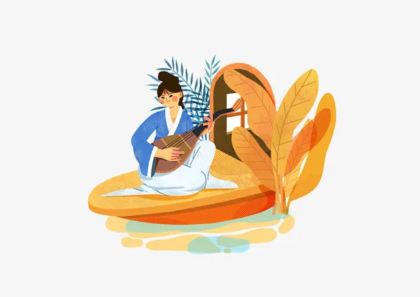古风手绘插画元素琵琶免抠