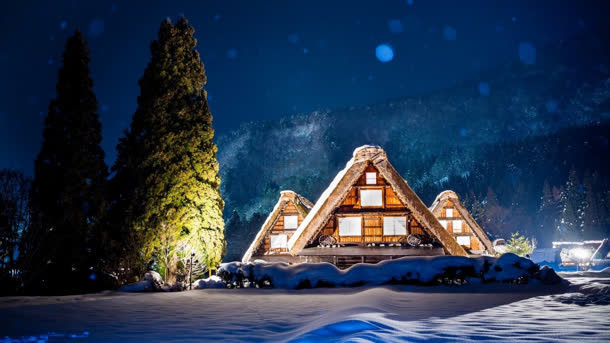 雪地深林木屋海报背景