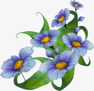 蓝色鲜花和绿叶免抠