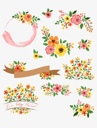 手绘春季春天鲜花花卉绿叶1免抠装饰植物元素