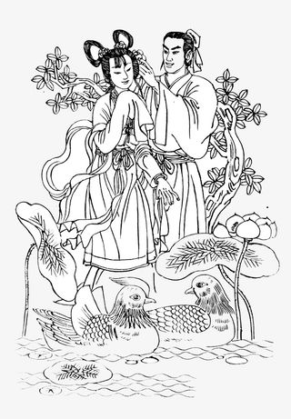 卡通手绘牛郎织女鸳鸯免抠