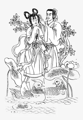 卡通手绘牛郎织女鸳鸯免抠