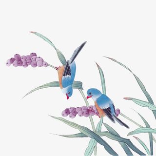 水彩古风绿叶小鸟蓝色的鸟免抠