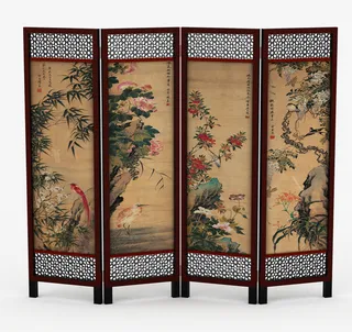 花草日式落地屏风免抠