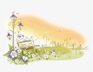 矢量夕阳下的小花园免抠