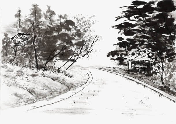 水墨山村小路免抠