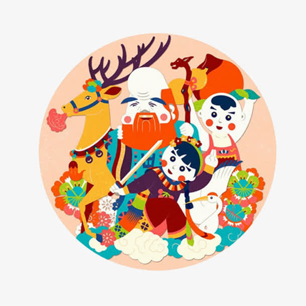 新年年画与寿星图案免抠