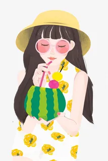 吸管西瓜汁草帽女孩免抠 吸管西瓜汁草帽女孩免抠