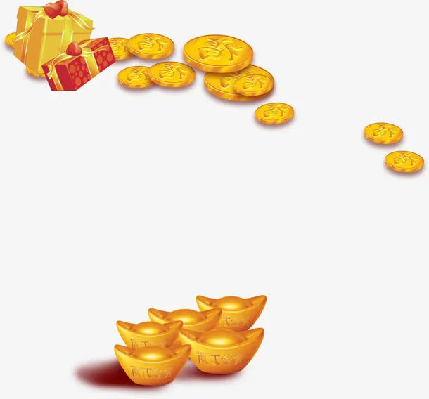 立体金属材质金元宝金币礼盒组合免抠