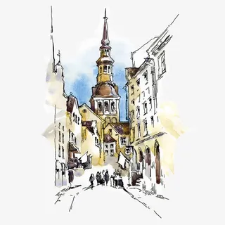 矢量手绘水彩城市建筑街道免抠