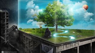 蓝色天空彩色气球发光绿道免抠