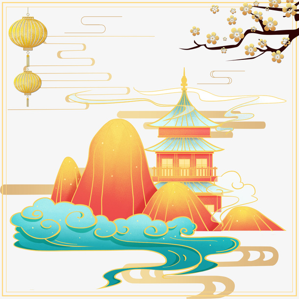 金币树枝桃花落叶仙鹤塔国潮古风插画免抠