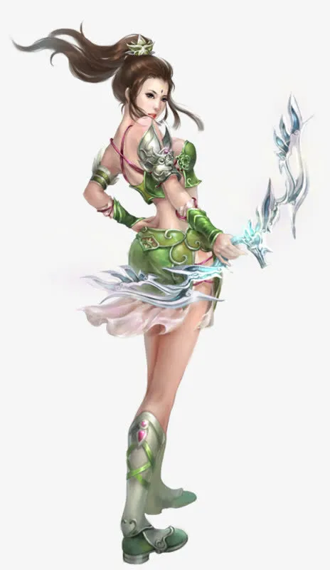 绿衣弓箭性感女子立绘游戏人物免抠