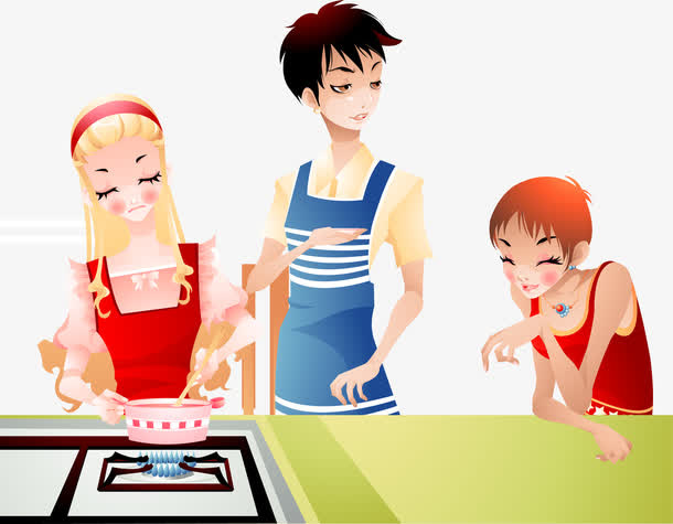 在厨房做饭的人们免抠