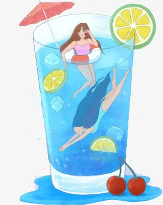 柠檬樱桃清凉饮品中游泳免抠