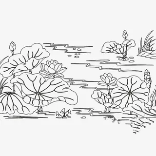 荷花儿池塘线条png免抠