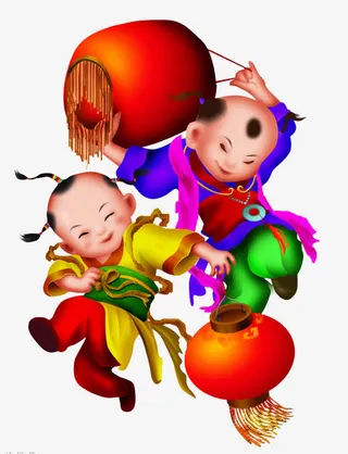 两个提灯笼的中国小孩免抠