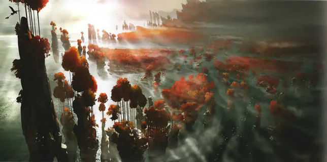 红色花海湖面寂静免抠