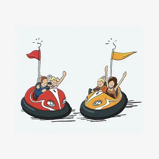 卡通手绘男人女人玩碰碰车开心插免抠