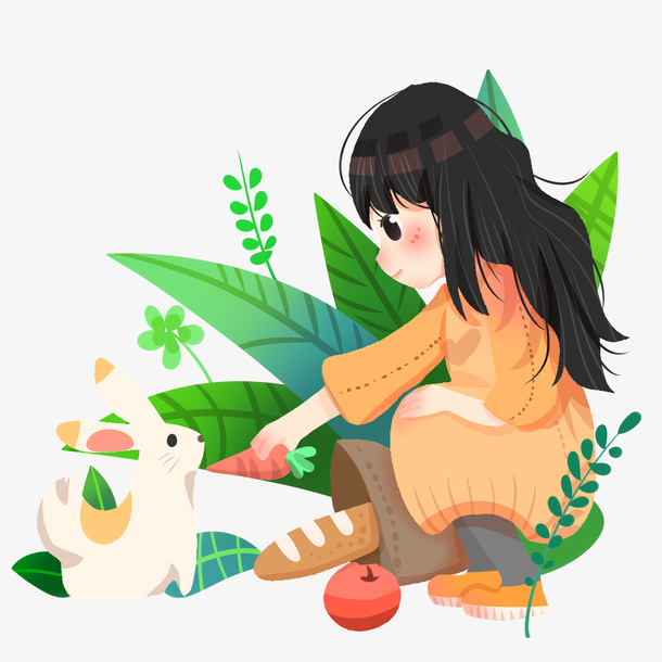 春天女孩手绘图免抠