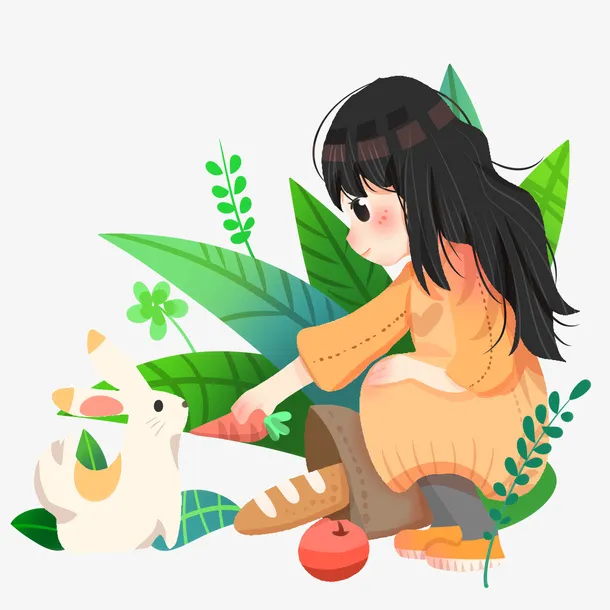 春天女孩手绘图免抠