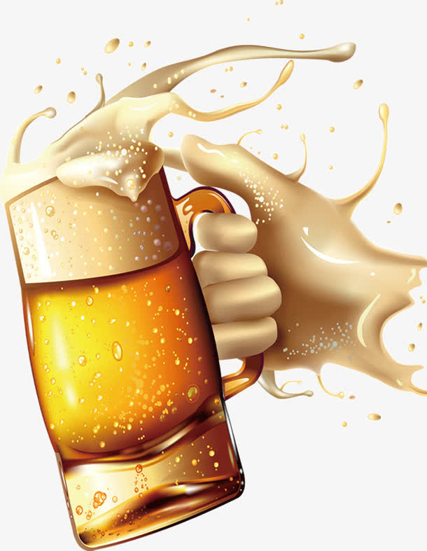 手握啤酒杯飞溅酒水效果免抠