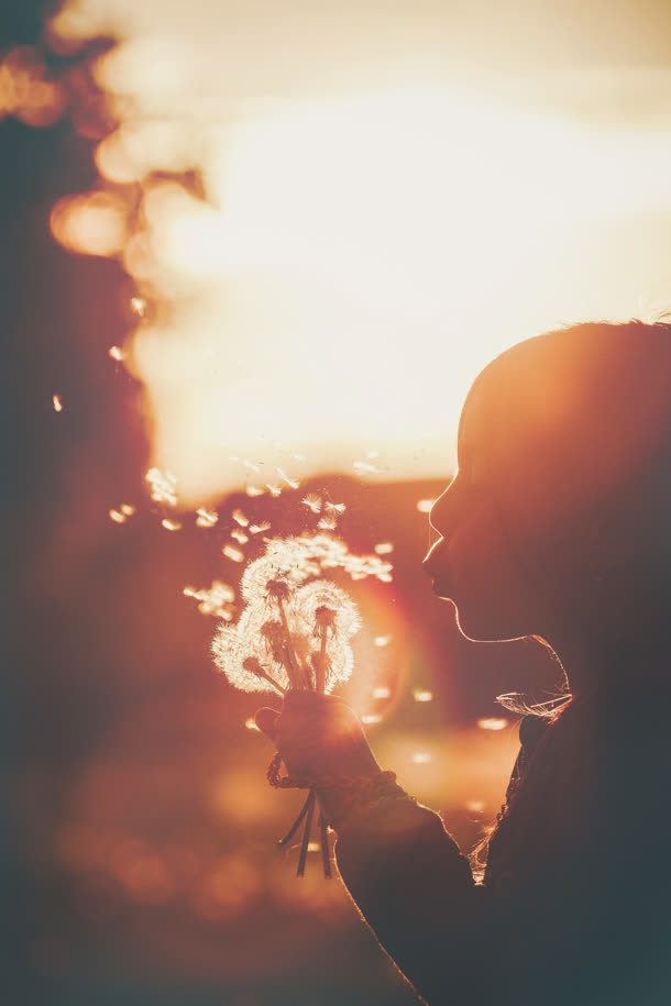 夕阳下小男孩吹着蒲公英免抠