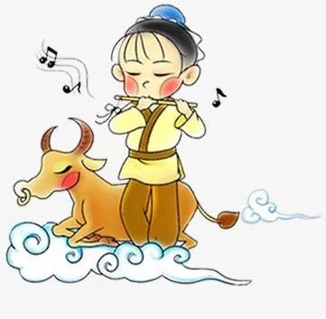 创意合成手绘牛郎放牛白云免抠