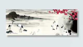 桃花仙鹤水墨山水泼墨背景