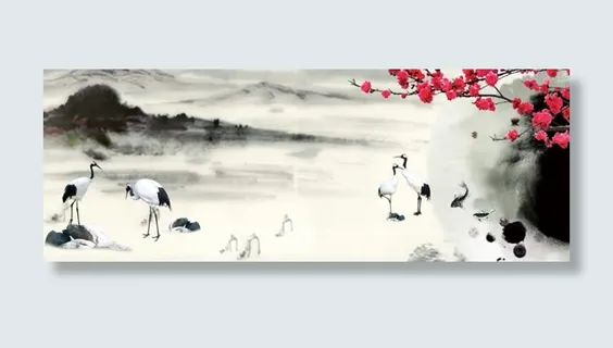 桃花仙鹤水墨山水泼墨背景 桃花仙鹤水墨山水泼墨背景