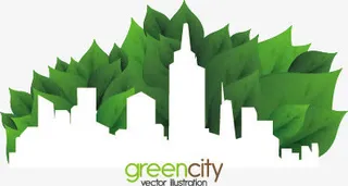绿色叶子与城市剪影矢量素材免抠