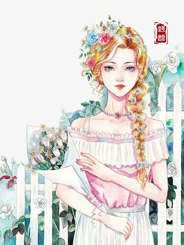 水彩女孩免抠