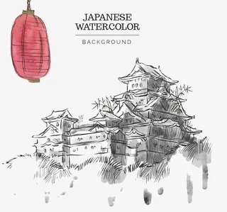 卡通手绘水墨建筑素材免抠